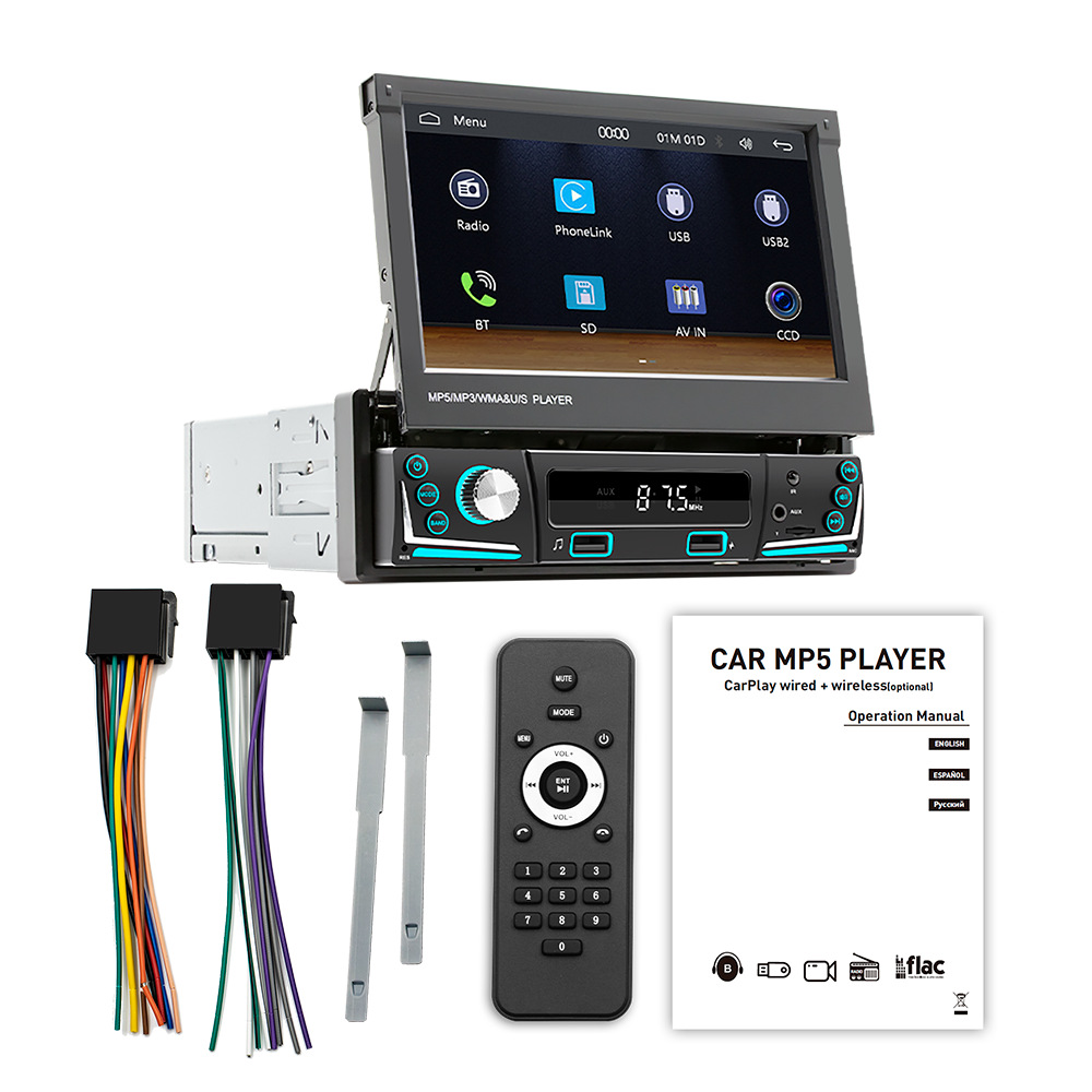 7'' Retractable Screen Car Radio with Wireless Carplay Reverse Camera